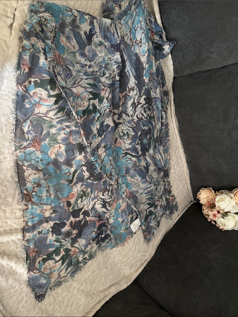 Floral Lightweight Scarf in Teal and Navy